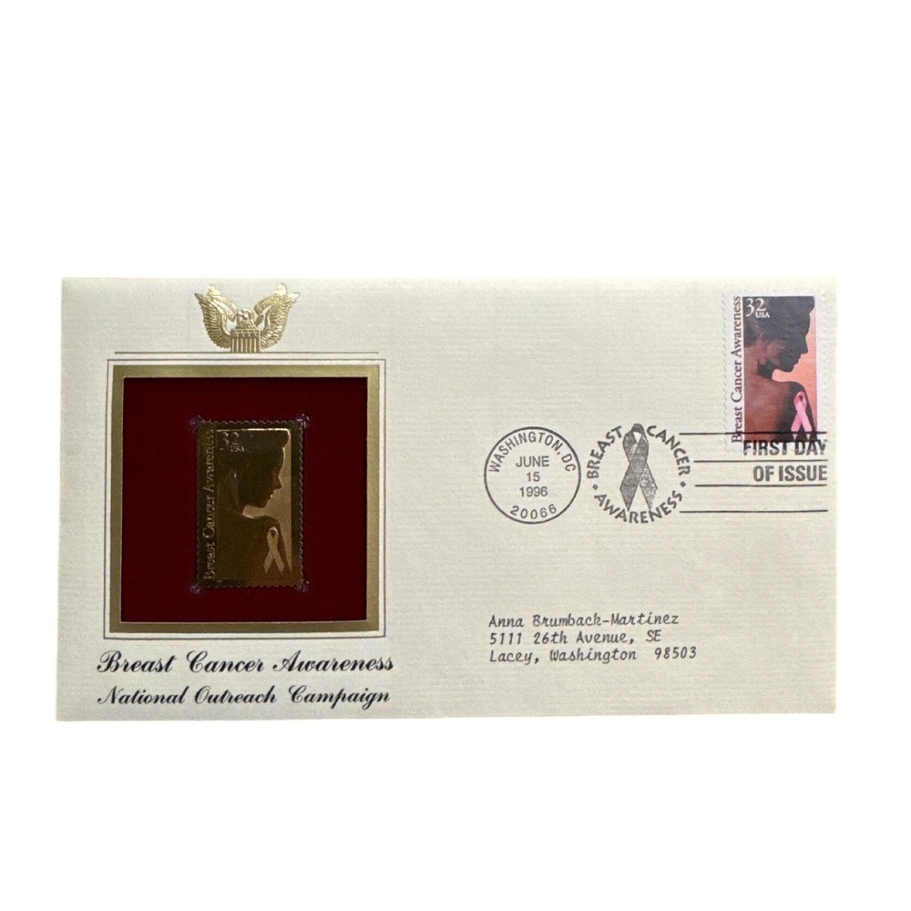 1996 Breast Cancer Awareness 22k Gold Foil Stamp Replica First Day Cover PCS